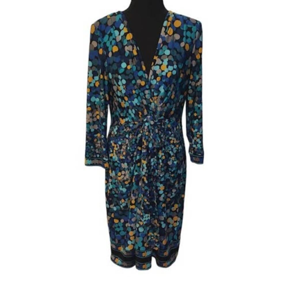 BCBGMaxazria Blue Yellow Polka Dot Dress Large